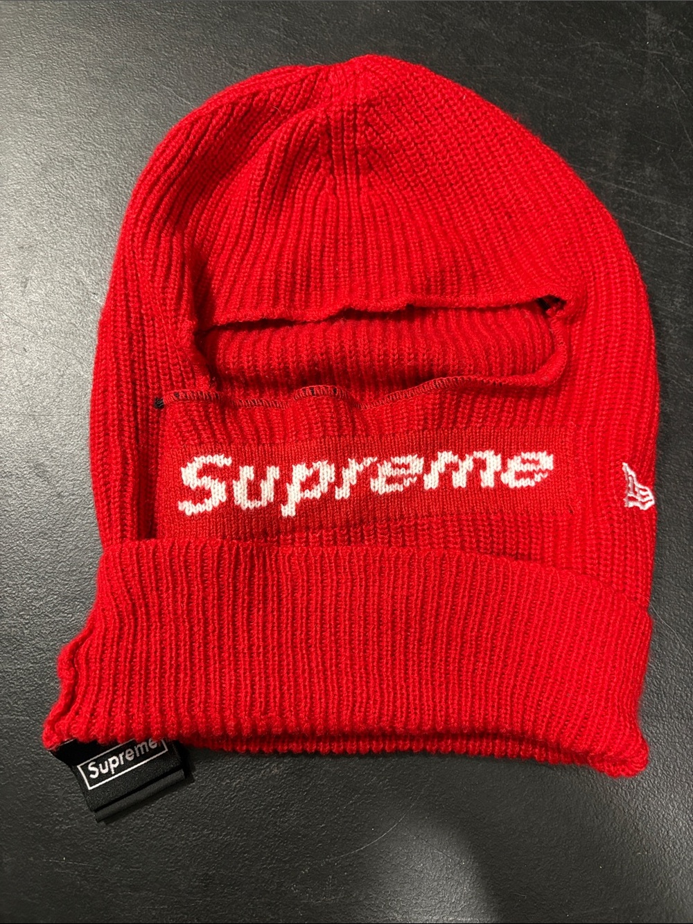 Supreme Red Knit Balaclava Beanie with Logo Panel